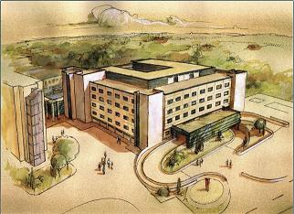 Disegno che raffigura la nuova palazzina dell'ospedale di Imola che ospiterà il nuovo dipartimento di emergenza e urgenza